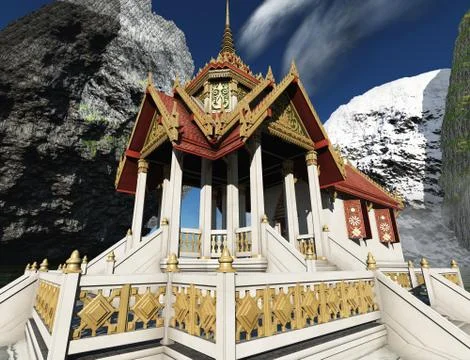 Buddhist temple in mountains 3d rendering Stock Illustration