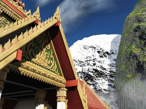 Buddhist temple in mountains 3d rendering Stock Illustration