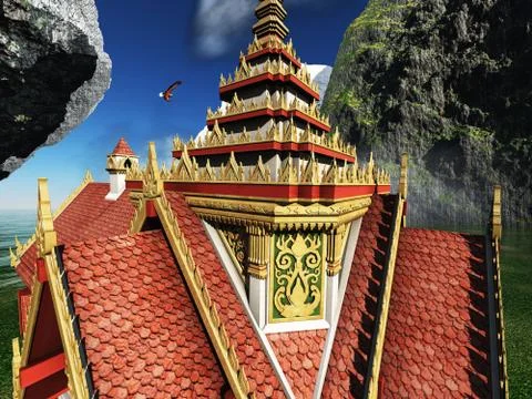 Buddhist temple in mountains 3d rendering 스톡 일러스트