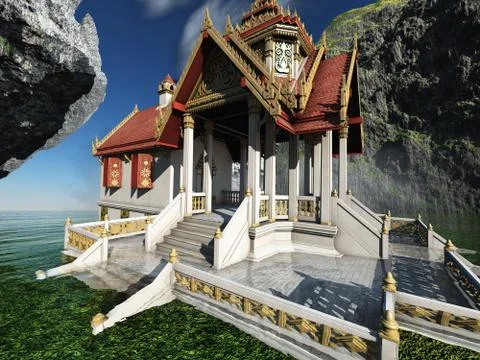 Buddhist temple in mountains 3d rendering Stock Illustration