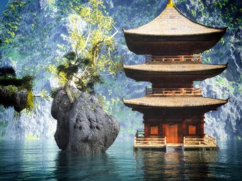 Buddhist temple in mountains 库存插图