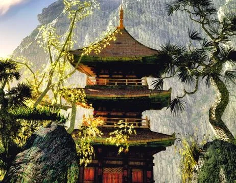 Buddhist temple in mountains Stock Illustration