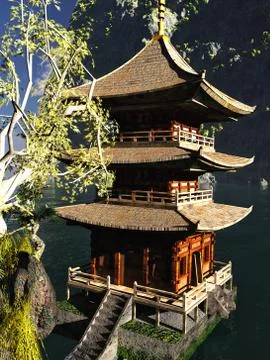 Buddhist temple in mountains Stock Illustration