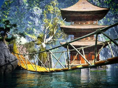 Buddhist temple in mountains Illustrazione stock
