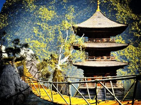 Buddhist temple in mountains Illustrazione stock