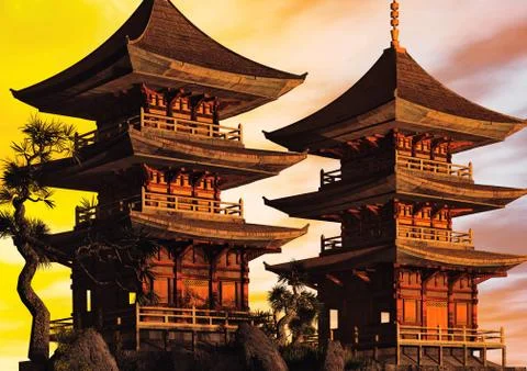 Buddhist temple in the mountains Stock Illustration