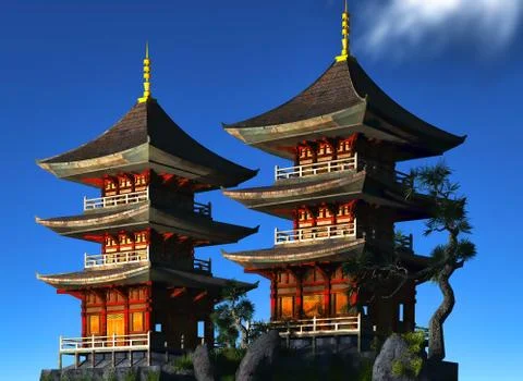 Buddhist temple in mountains Stock Illustration