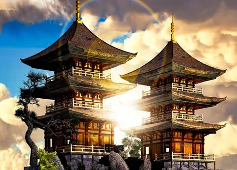 Buddhist temple in mountains 库存插图