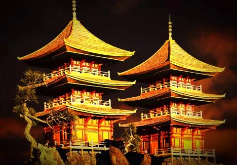 Buddhist temple in mountains Stock Illustration