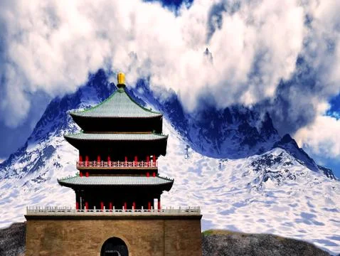 Buddhist temple in mountains Stock Illustration