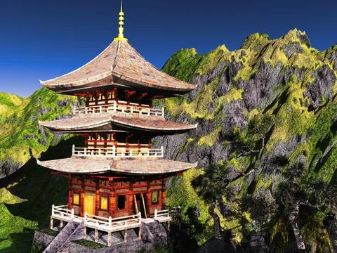 Buddhist temple in mountains Stock Illustration