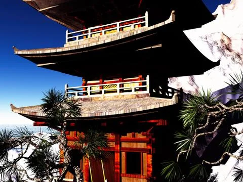 Buddhist temple in mountains Stock Illustration