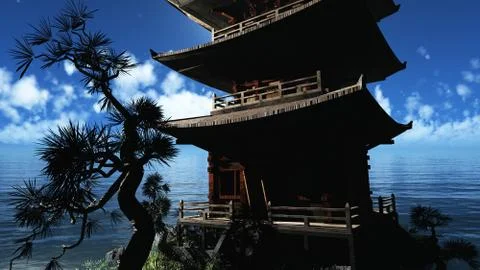 Buddhist temple in mountains Stock Illustration