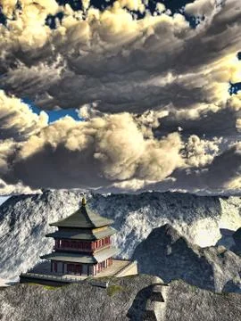 Buddhist Temple in mountains 库存插图