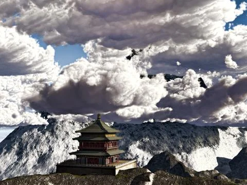 Buddhist Temple in mountains Stockillustratie