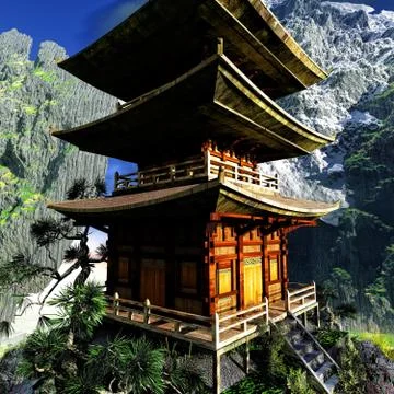 Buddhist Temple in rocky mountains Illustrazione stock