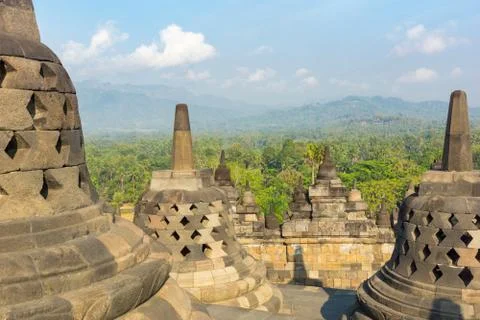 Buddhist temple, stupas, Temple complex of Borobudur Stock Photos