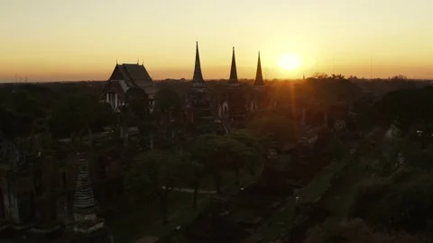 Buddhist temple Wat Phra Si Sanphet at the sunset - Ayutthaya, Thailand Stock Footage 176156734