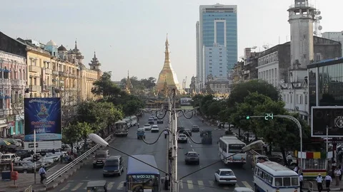Buddhist temple, Yangon cityscape, traffic Stock Footage 102643390