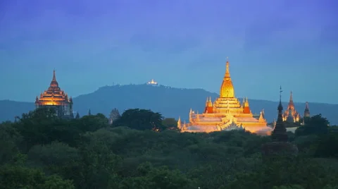 Buddhist Temples and Pagodas at Bagan Burma (Myanmar) Day to Night Timelapse Stock Footage 64912178