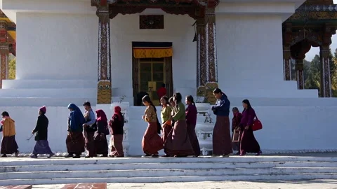 Buddhist Walking Around Stupa In Thimphu, Bhutan Stock Footage 156329952