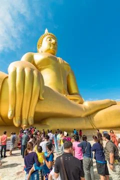 Buddhists in a queue to The Big Buddha of Thailand Stock Photos