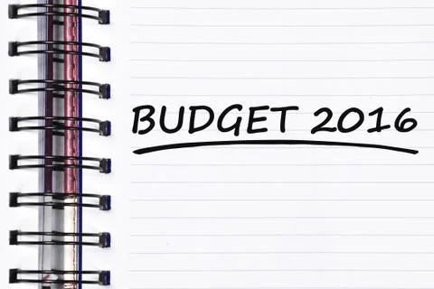 Budget 2016 words on spring note book Foto stock