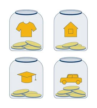 Budget allocation categories in glass jars 2D cartoon objects set Stock Illustration