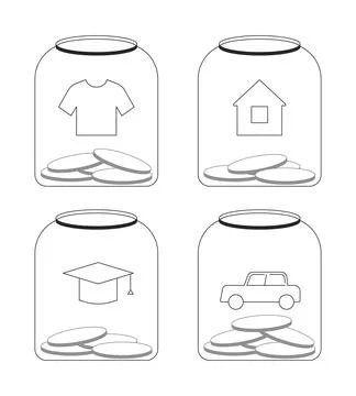 Budget allocation categories in glass jars 2D line objects set Stock Illustration