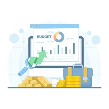 Budget analysis showing document, PC, gold bar, coins, and briefcase. Illustrazione stock