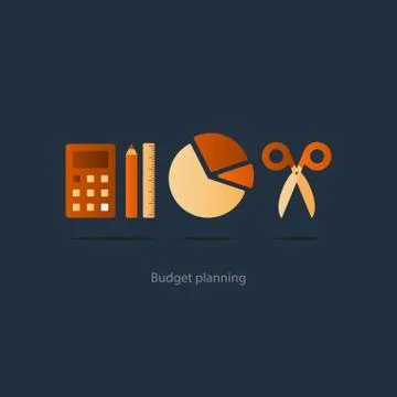Budget cut scissors, financial knowledge pencil and ruler, money fund use Stock Illustration