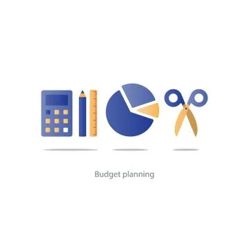 Budget cut scissors, financial knowledge pencil and ruler, money fund use Stock Illustration