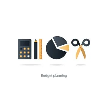 Budget cut scissors, financial knowledge pencil and ruler, money fund use Stock Illustration
