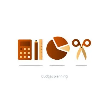 Budget cut scissors, financial knowledge pencil and ruler, money fund use Stock Illustration
