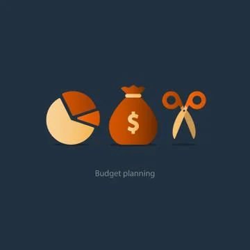 Budget cut scissors, financial knowledge pencil and ruler, money fund use Stock Illustration