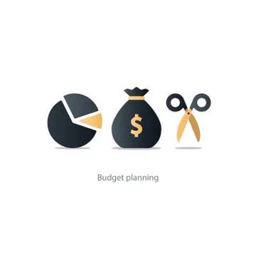 Budget cut scissors, financial knowledge pencil and ruler, money fund use Stock Illustration