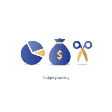 Budget cut scissors, financial knowledge pencil and ruler, money fund use Stock Illustration