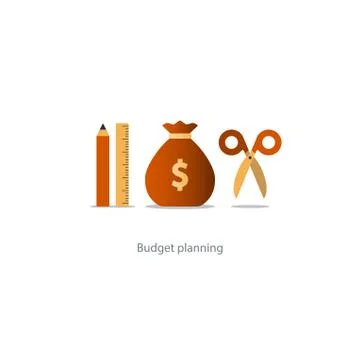 Budget cut scissors, financial knowledge pencil and ruler, money fund use Stock Illustration