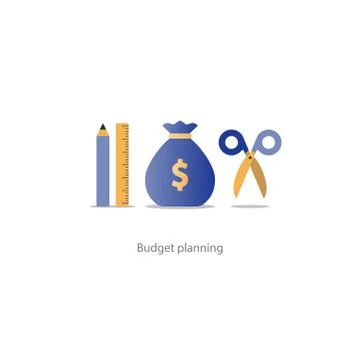 Budget cut scissors, financial knowledge pencil and ruler, money fund use イラスト素材