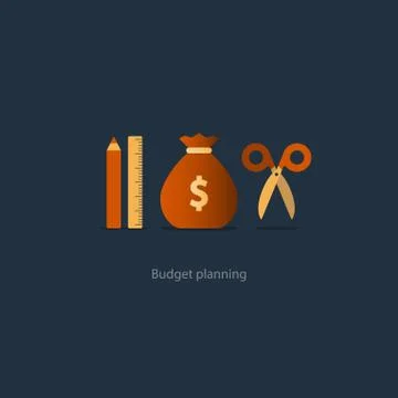 Budget cut scissors, financial knowledge pencil and ruler, money fund use Stock Illustration