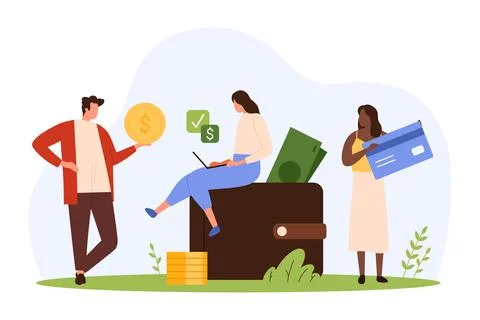 Budget management with virtual wallet, tiny people holding credit card and coins Illustrazione stock