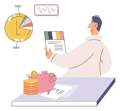 Budget plan concept. Evaluates his income and expenses, analyzes investments and Illustrazione stock