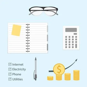 Budget planning concept with notebook, calculator, glasses, pen, coins on l.. Stock Illustration