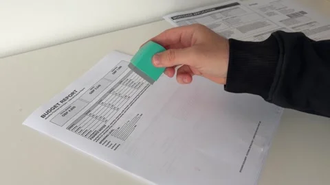 Budget Report Application Rejected With Green Rubber Stamp on Financial Form Stock Footage 340395619