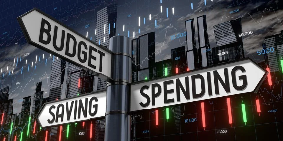 Budget, Saving, Spending - Signpost with Three Arrows - 3D illustration Illustrazione stock
