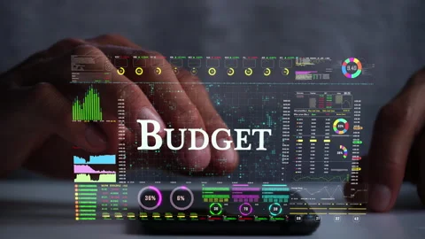 Budget text on business data number futuristic hologram background. Stock Footage 281224124