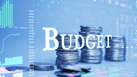 Budget text on coins stack increase with business data hologram. Stock Footage 281223909