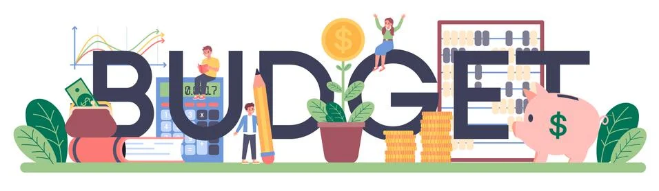 Budget typographic header. Student studying economics. Idea Stock Illustration