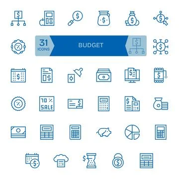 Budget Vector Icon Collection featuring 35 Editable 256x256 Regular Line De.. Stock Illustration