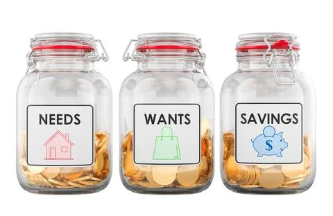 Budgeting jars for needs wants and savings money allocation. 3D rendering Stock Illustration